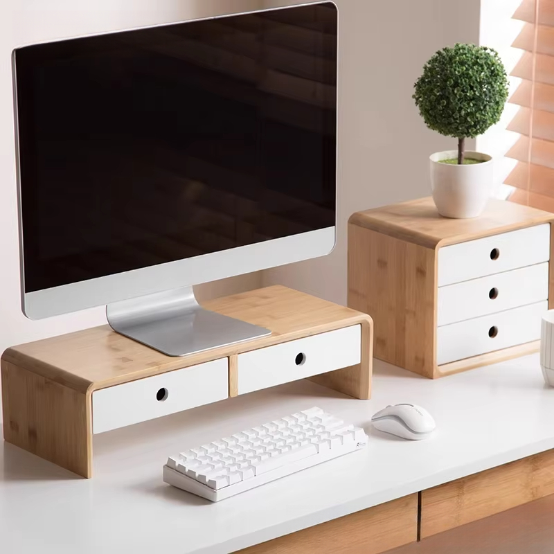 Monitor Riser Wood - Bamboe laptopmonitorverhoger Milieuvriendelijke desktoporganizer met lade