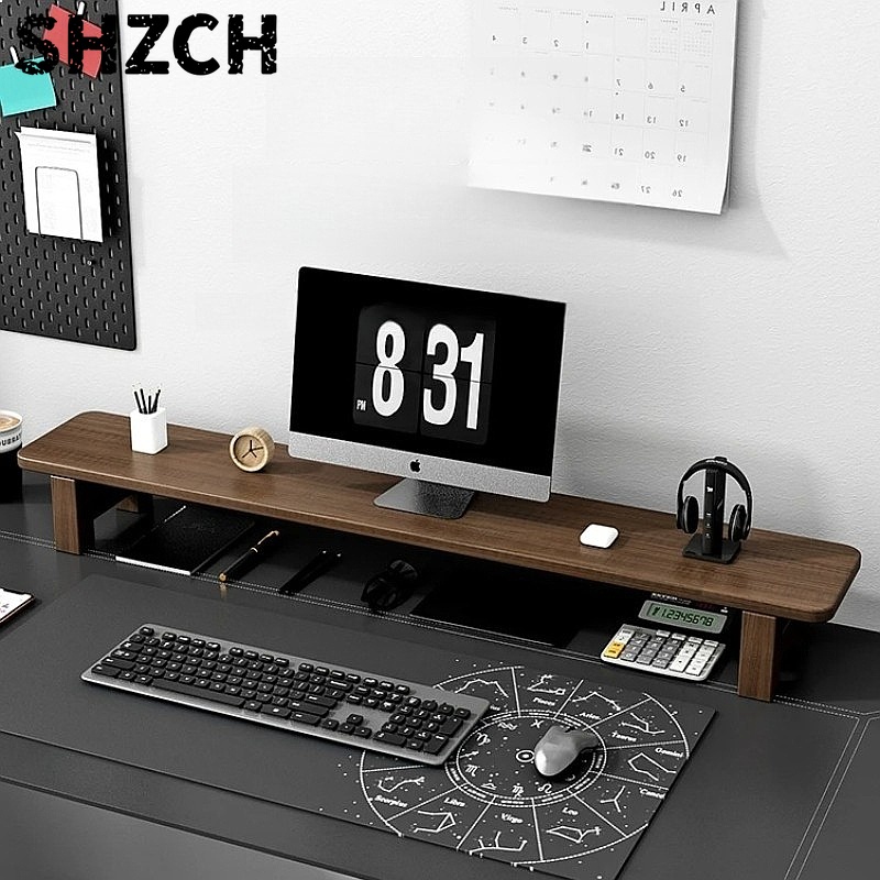 Monitor Riser Wood - Walnoot Monitorstandaard Verhoger Verstelbaar Massief Houten